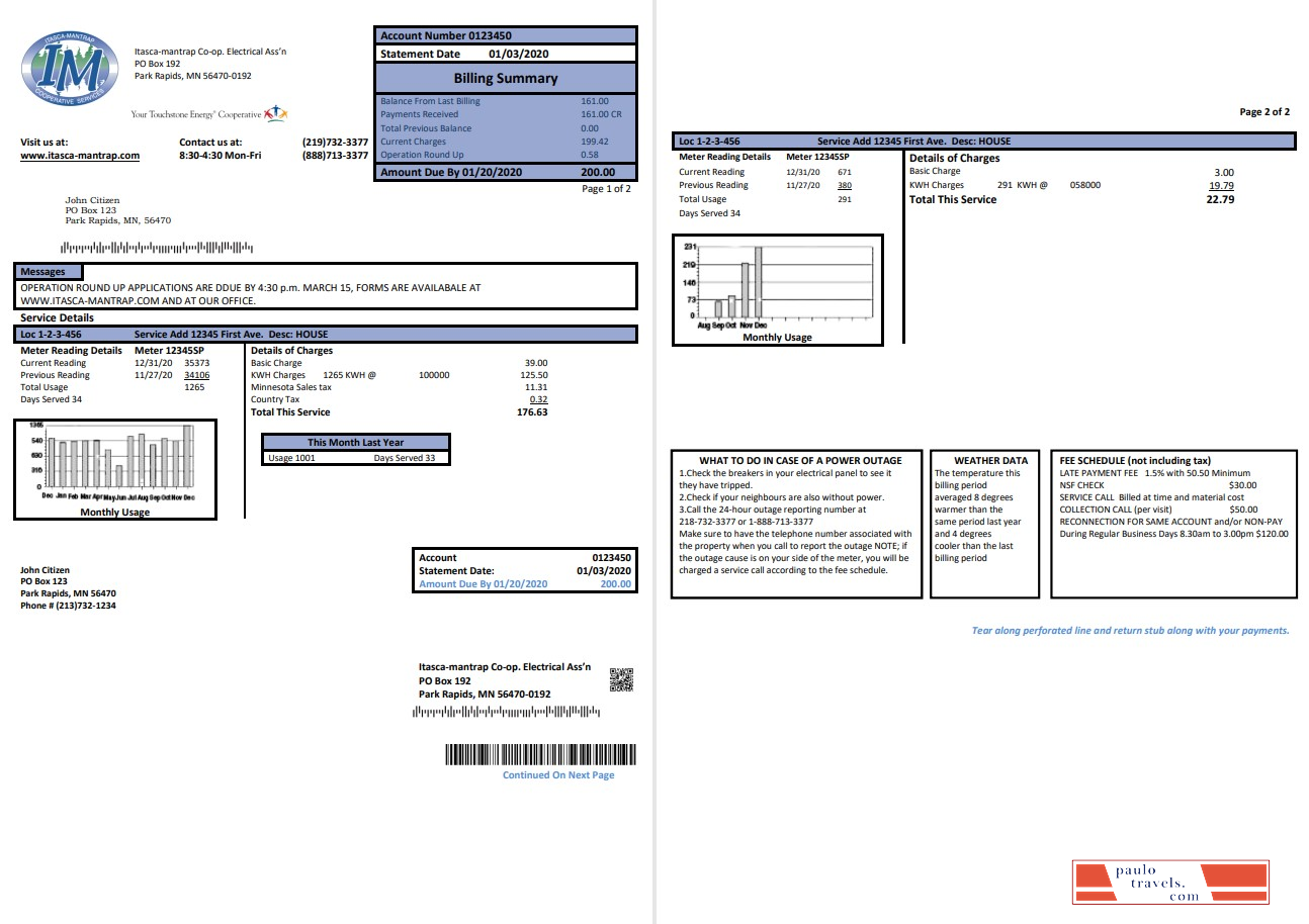 USA Minnesota Itasca Mantrap electricity utility bill template in Word and PDF format (2 pages)